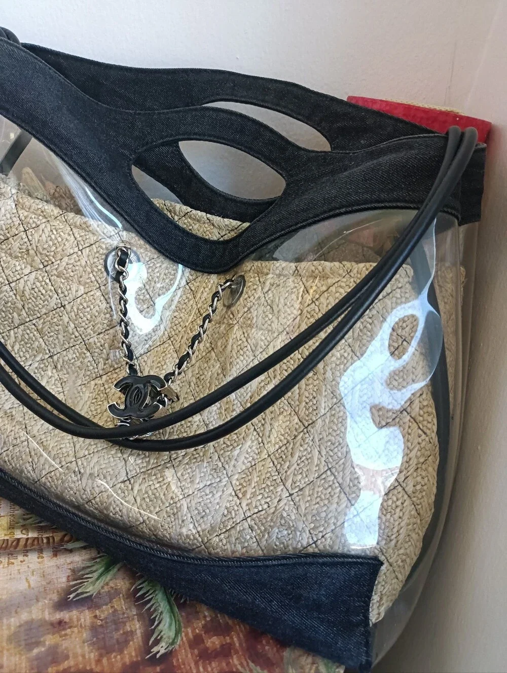 Chanel 31 Shopping Clear PVC Bag with A Beige Pouch Insert and Black Denim Trim